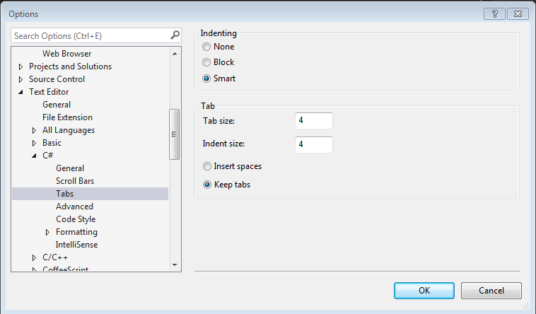 Visual Studio Tab Settings